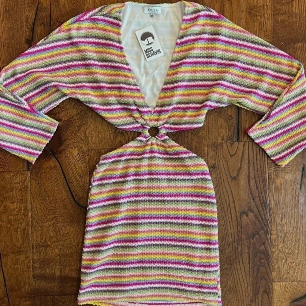 NWT ACOA That 70s Dress Multicolor Striped Cutout Ring Mini Dress Textured Small